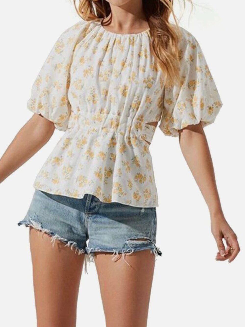 100% Cotton ASTR The Label Vendetti Floral Top Sz Large Cutout Back Puff Sleeves